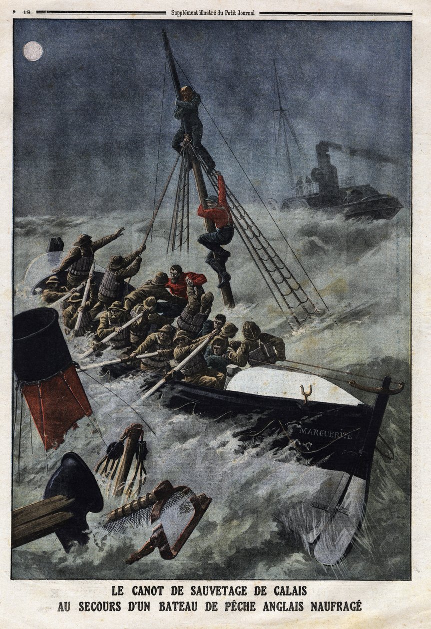 加来的救生艇救援一艘沉没的英国渔船。1912年2月11日《小报》上的版画。私人收藏。 作者 匿名匿名