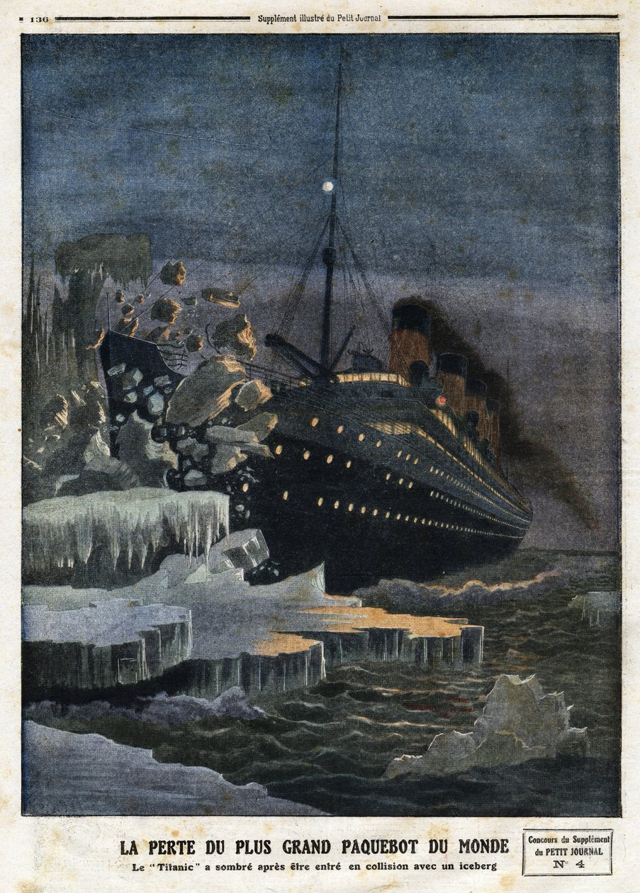 "世界上最大的邮轮的损失："泰坦尼克号 "在与冰山相撞后陷入黑暗"，1912年4月28日《小报》上的版画。 作者 匿名匿名