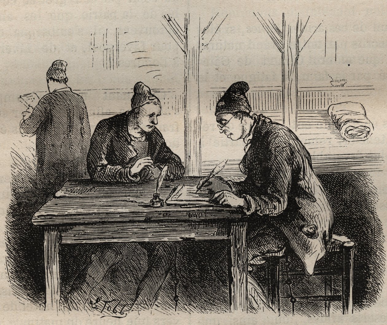 19世纪在土伦巴格内的公共作家。皮埃尔-扎科内（Pierre Zaccone）（1817-1895）在 "Histoire des bagnes depuis leur création à nos jours"（1877）中的雕刻（Colonia Penale-刑罚殖民地）。私人收藏。 作者 匿名匿名