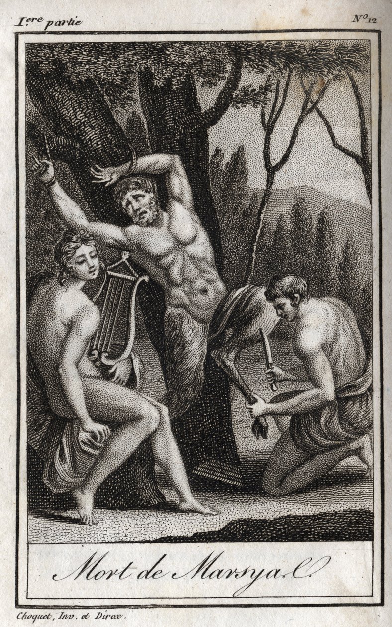 马西亚斯的惩罚》（The Punishment of Marsyas）因藐视阿波罗的琴声而受到惩罚，在米达斯国王和缪斯女神面前被弓箭手阻挡。1819年的雕版画，载于查尔斯的 "Lettres a Emilie sur la mythologie "中。 作者 匿名匿名
