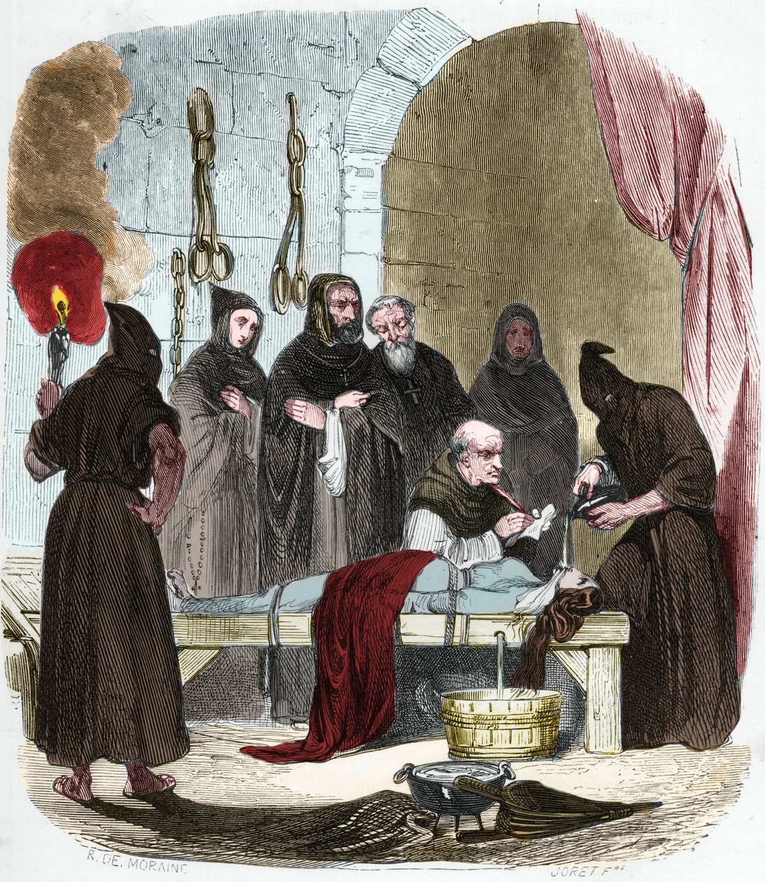 水的问题。佩德罗（Pierre）-德-阿尔布斯（1441/1442 - 1485）在酷刑下审问一位据称诱使她妹妹转向路德教的年轻女子。用绳子绑住，把水倒进一块布里，推到喉咙底部。 作者 匿名匿名