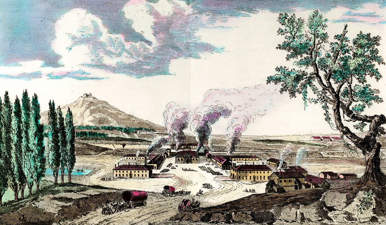 1787年位于克鲁索（Saone and Loire）的皇家铸造厂，它主要生产法国军队的武器装备。18世纪的雕版画。私人收藏 作者 匿名匿名