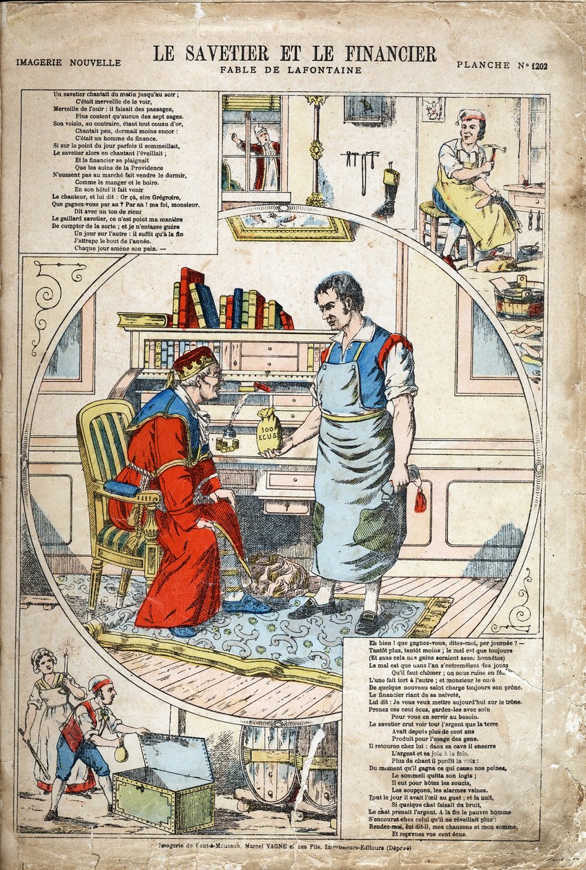 The saver and the financier. Anonymous illustration for Les Fables by Jean de LA FONTAINE (Lafontaine) (1621-1695). Imaging of Pont-a-Mousson, circa 1880. Private collection. 作者 匿名匿名