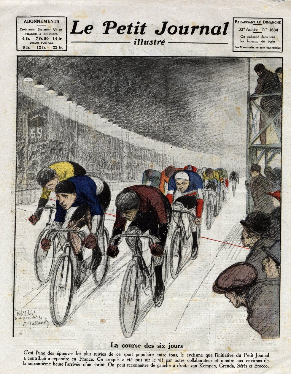 六天的比赛。Piet van Kempen（1898-1985）、Alfred Grenda、Seres和Maurice Brocco（1883-1965）在冲刺阶段。1922年4月16日《小报》上的版画。 作者 匿名匿名