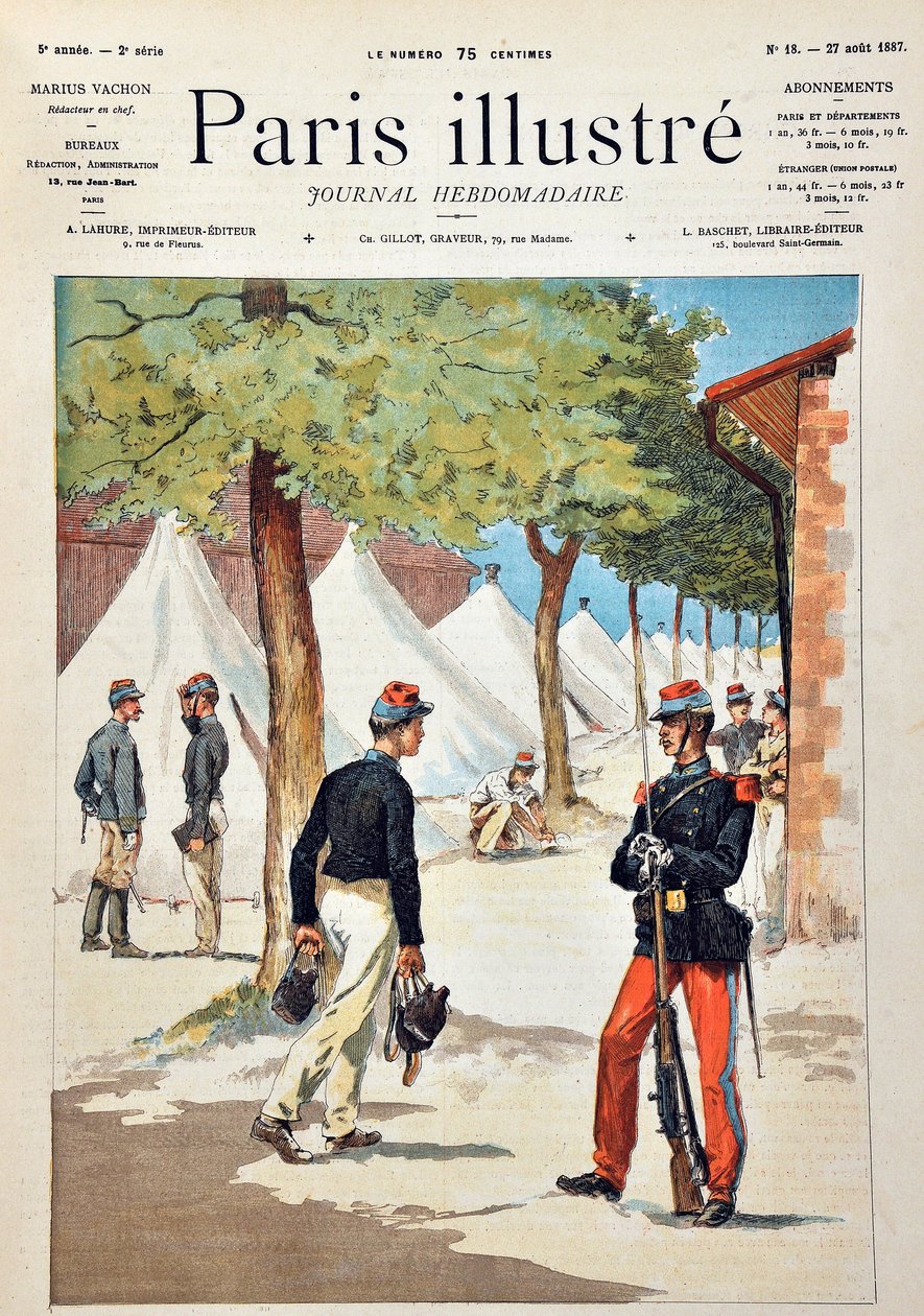 圣西尔（Saint Cyr）学校的学生在夏隆营地。1887年在 "巴黎画报周刊 "上的版画。 作者 匿名匿名