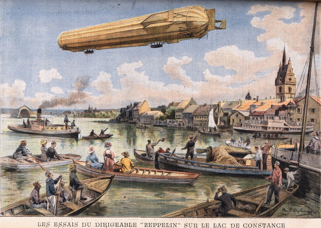 齐柏林飞艇在德国康斯坦茨湖的测试。来自1908年8月2日 "Le Peute Parisien "报纸的版画。私人收藏。 作者 匿名匿名