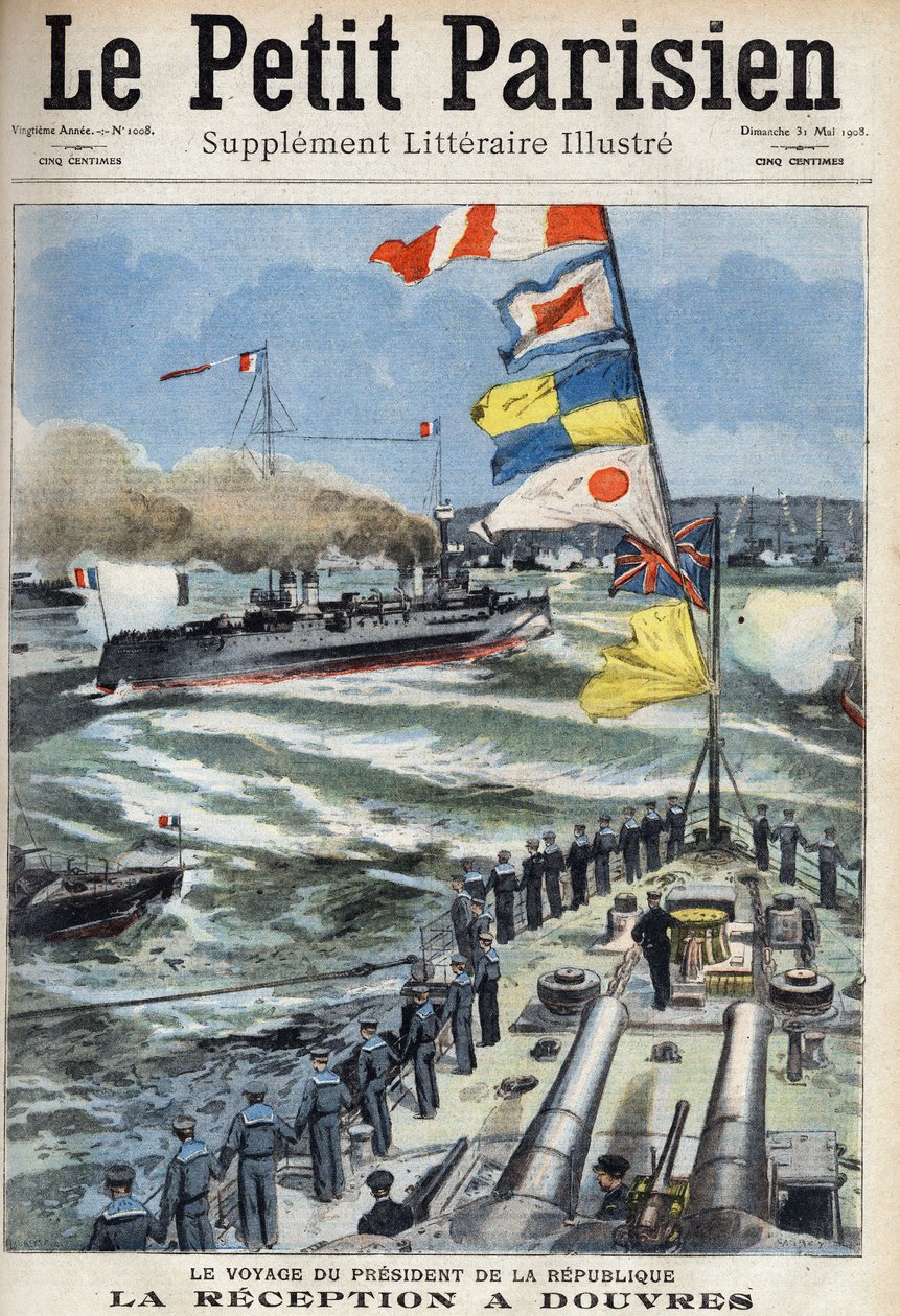 法兰西共和国总统Armand Fallieres（1841-1931）的旅行：在英国多佛尔的接待。1908年5月31日 "小巴黎 "报的一张。私人收藏。 作者 匿名匿名
