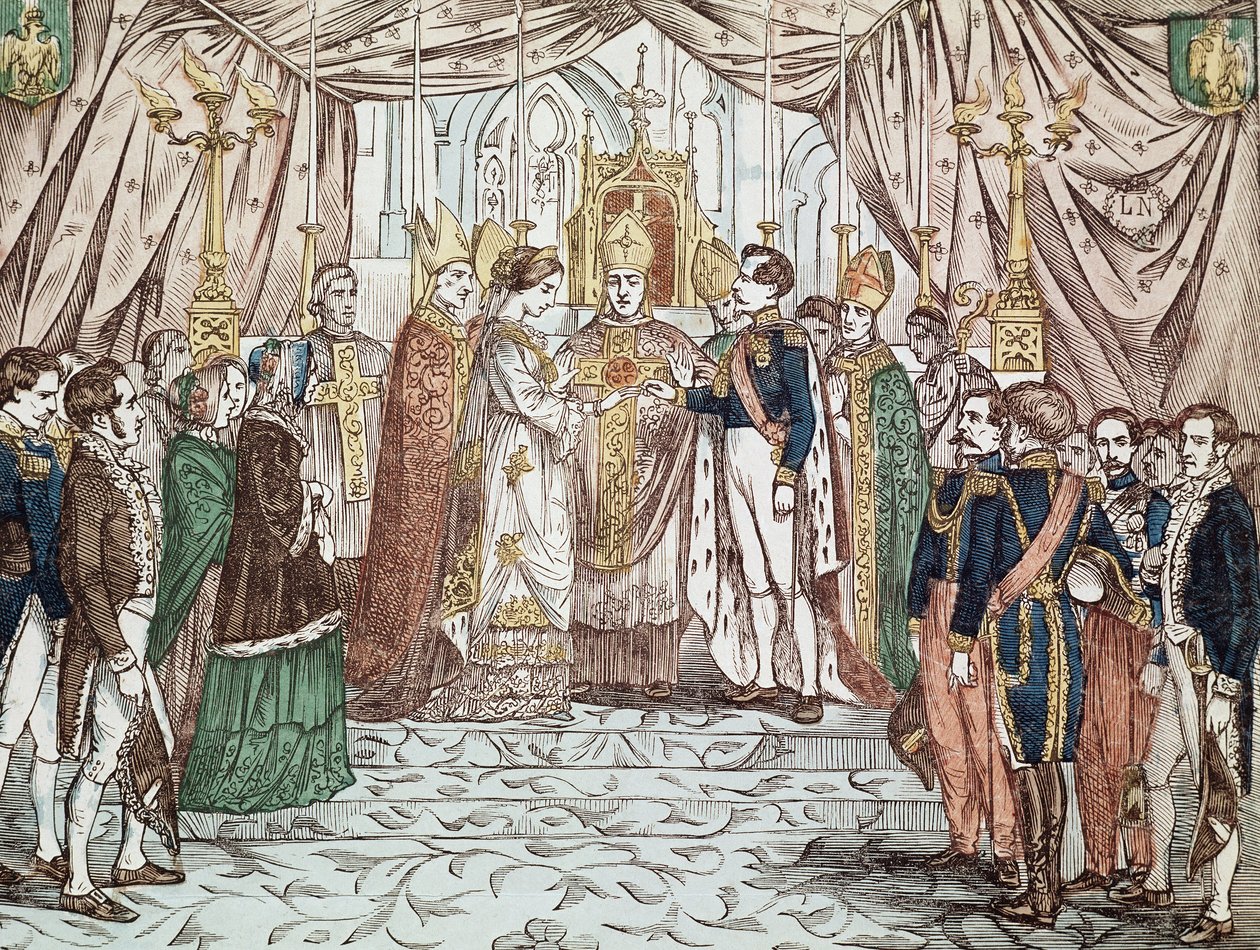 拿破仑三世和欧亨尼娅-玛丽亚-德-蒙蒂霍-德-古斯曼的婚礼，1853年1月30日在圣母大教堂举行（雕刻）。 作者 匿名匿名