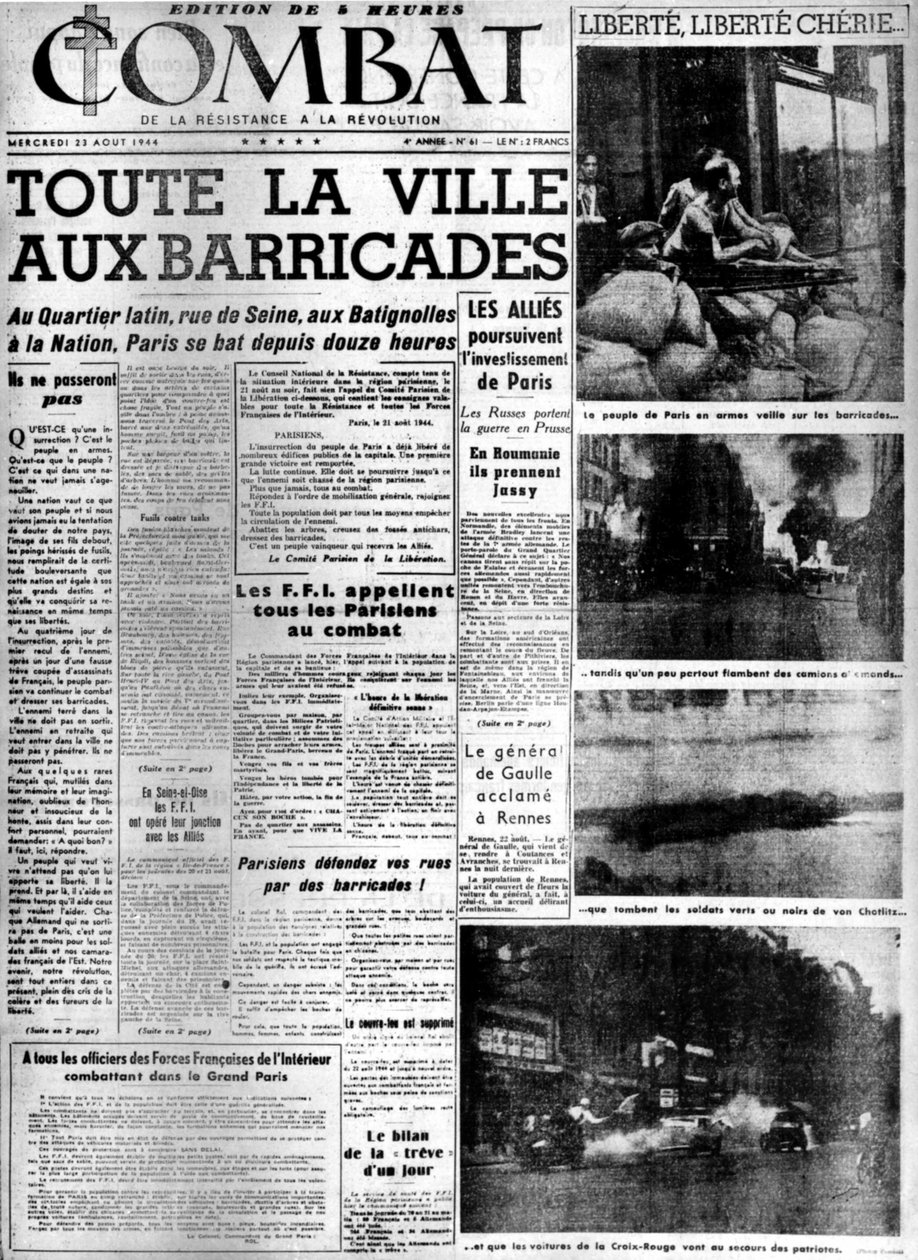 整个城市的街垒：巴黎的解放--载于1944年8月23日的 "战斗 "杂志，领。MDJ Bernard. 作者 匿名匿名