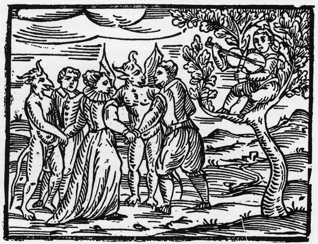 安息日的女巫在小提琴声中跳舞--"Compendium Maleficarum"，关于女巫、她们的邪恶和她们的财团的交易，由Francesco Maria Guazzo或Guaccio或Guaccius(15?-16?)1608私人收藏 作者 匿名匿名