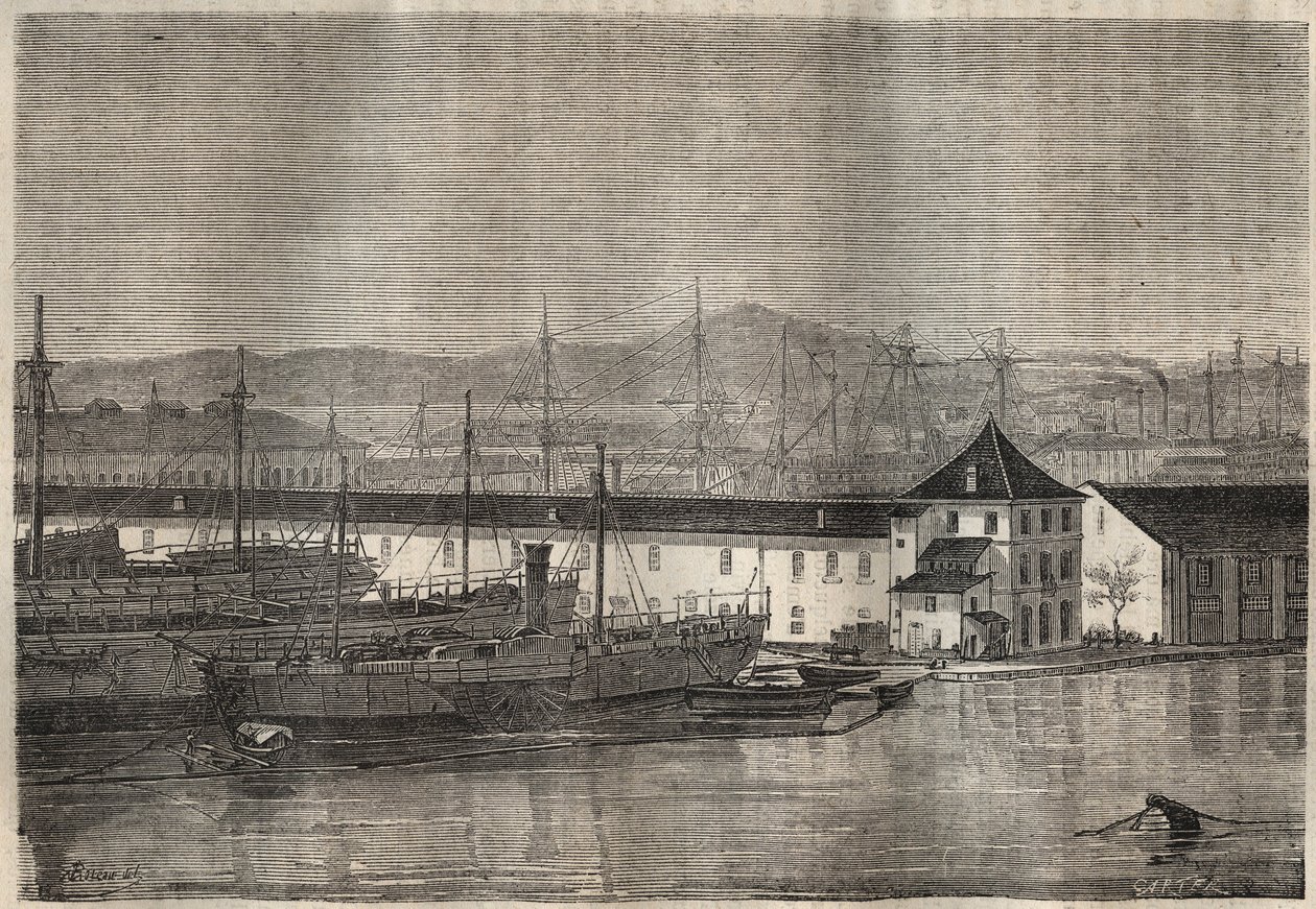 19世纪的土伦的袋子。雕刻在 "Histoire des bagnes depuis leur création à nos jours"（1877）中，作者是Pierre Zaccone（1817-1895）（Colonia Penale - Penal colony）私人收藏。 作者 匿名匿名