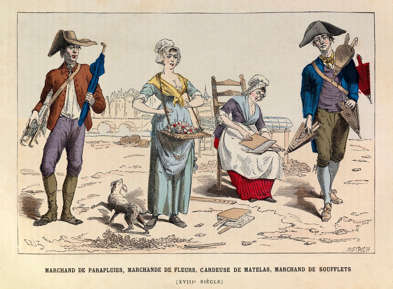 Wogulitsa maambulera, ogulitsa maluwa, makhadi ogulitsira matiresi ndi ogulitsa bellows ku Paris m