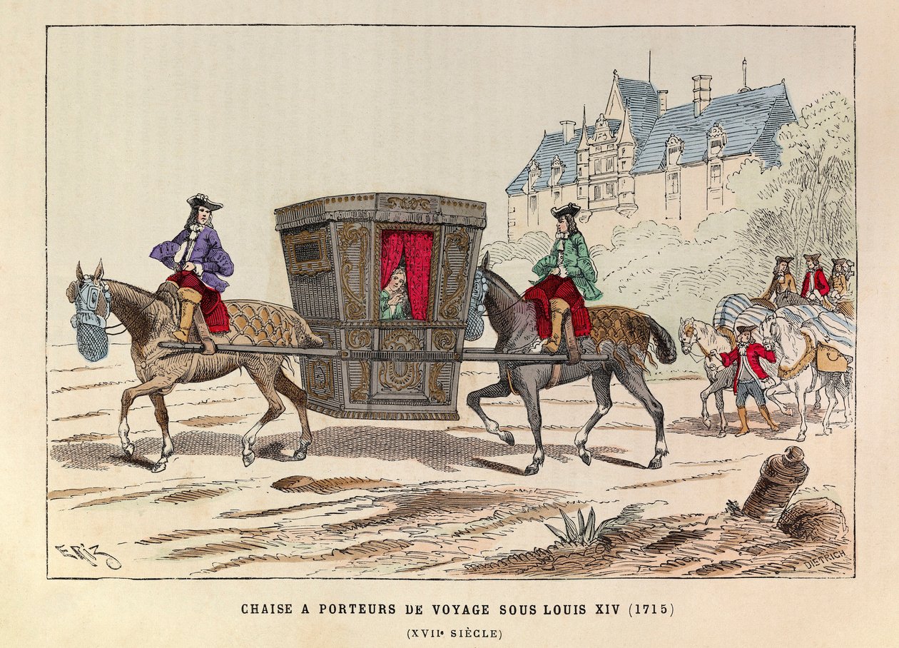 Une chaise à porter de voyage sous le reign du roi Louis XIV (1715) - 法国国王路易十四统治时期的马匹所携带的轿子 作者 匿名匿名