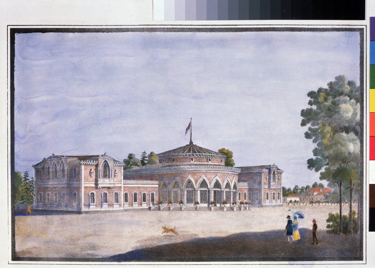 Une gare de chemin de fer et un restaurant francais a Catharinhof（Catharinhof 的火车站和法国餐厅）。匿名石版画，水彩上色，22 x 33 厘米 作者 匿名匿名