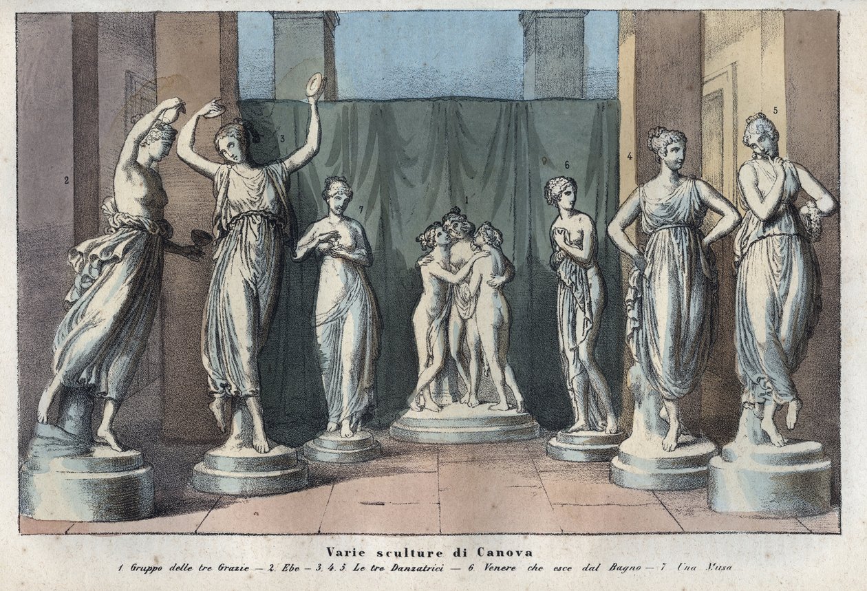 Various sculptures by Canova - The Three Graces - Hebe - The Three Graces Dancing - Venus Italica - Muse - engraving from “” Usi e Costumi di Tutti i i Popoli dell