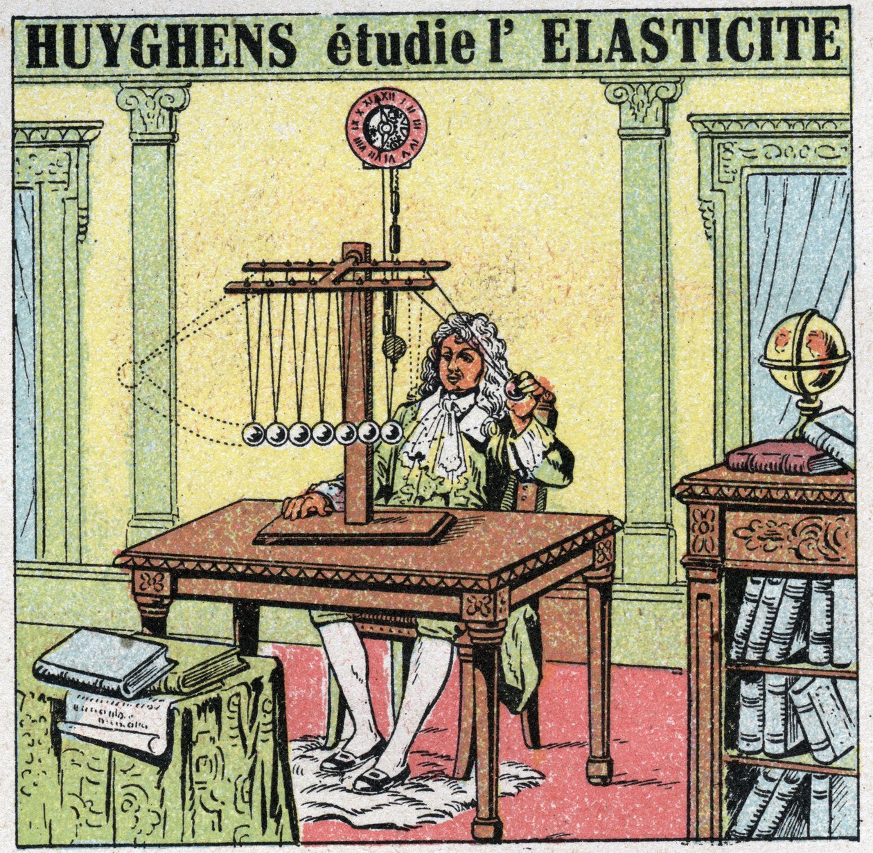 振动运动：Christiaan Huygens (1629-1695) 通过观察象牙珠来研究材料的弹性。 1925 年的匿名插图。私人收藏。 作者 匿名匿名