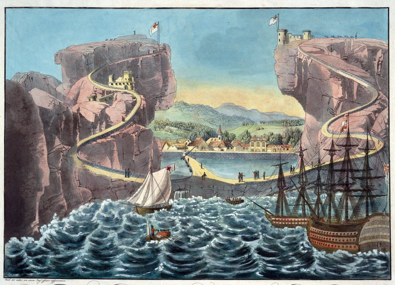 从靠近詹姆斯堡的着陆点一侧看圣赫勒拿岛的景色 - 匿名 - 1815 - Aquatint - 46,7x54,5 - 私人收藏 作者 匿名匿名