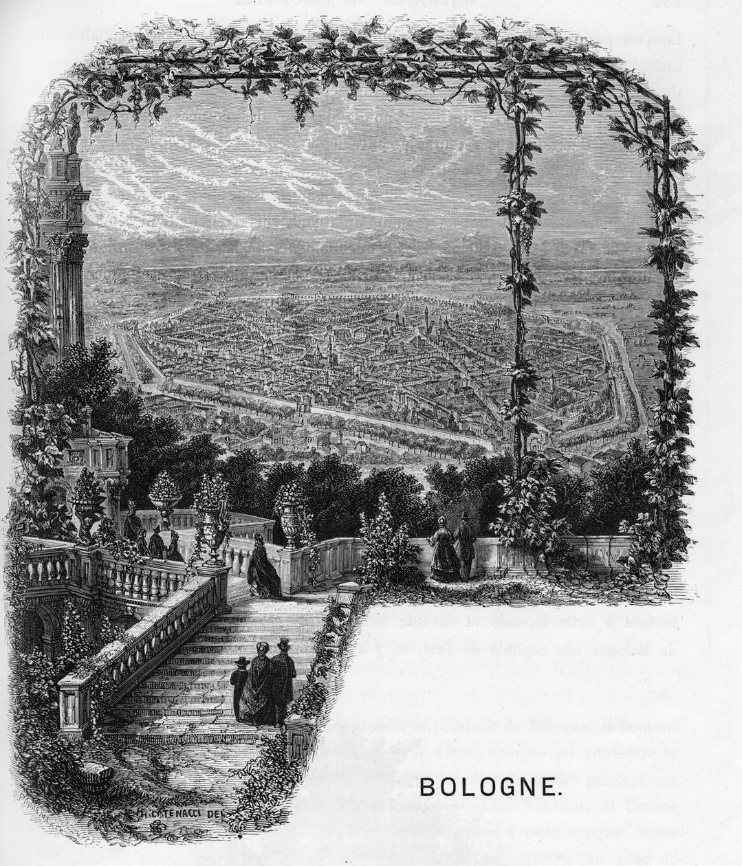 意大利博洛尼亚（Bologna）市的景色，1859年在 "欧洲的画廊-意大利 "中的雕刻，由 Armengaud制作。私人收藏。 作者 匿名匿名
