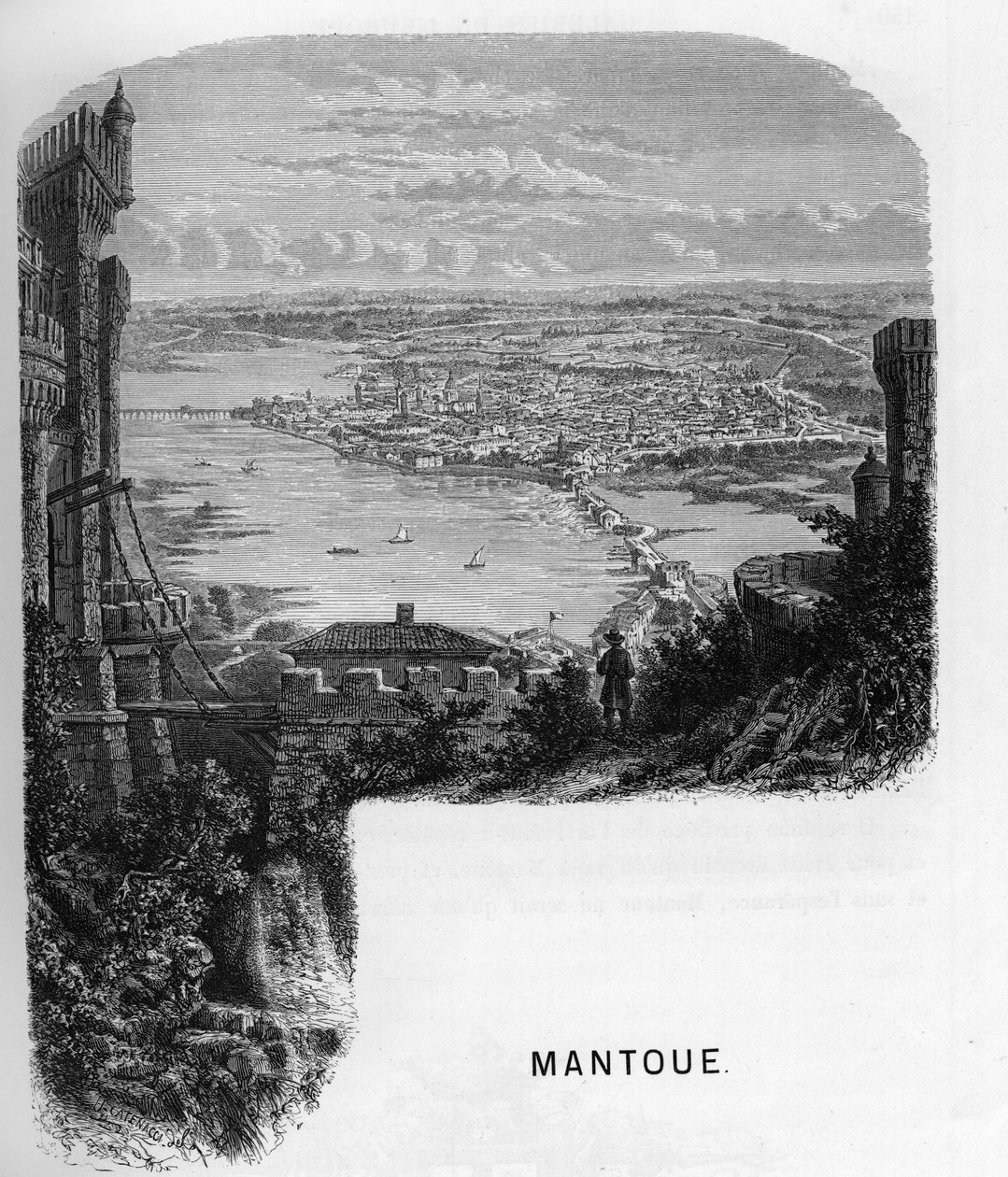 意大利曼图亚（Mantova）市的景色。1859年由 Armengaud 在 "欧洲的画廊-意大利 "中的雕刻。私人收藏。 作者 匿名匿名