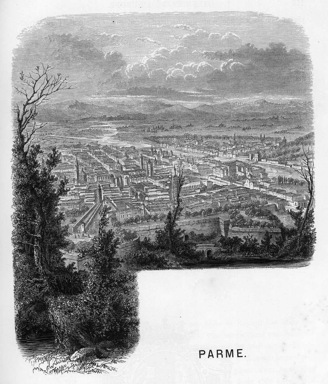 意大利帕尔马（Parma）市的景色。1859年的版画，载于Armengaud的 "les galeries de l