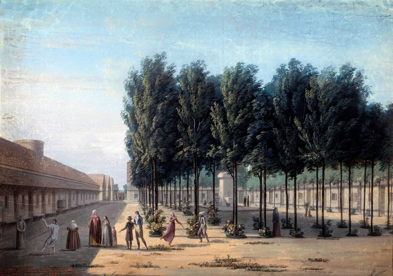 1824 年，精神病患者在医院里散步。匿名水粉画。 巴黎，卡纳瓦莱博物馆 作者 匿名匿名