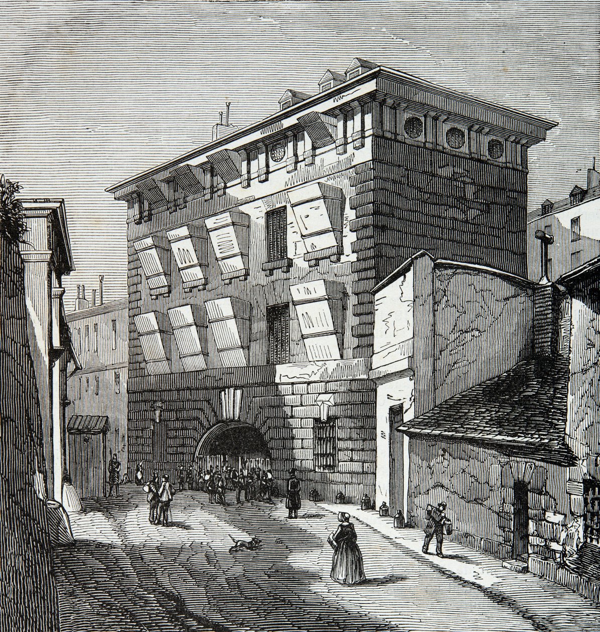 19世纪巴黎西西里王妃街的前监狱景观，版画，私人收藏 作者 匿名匿名