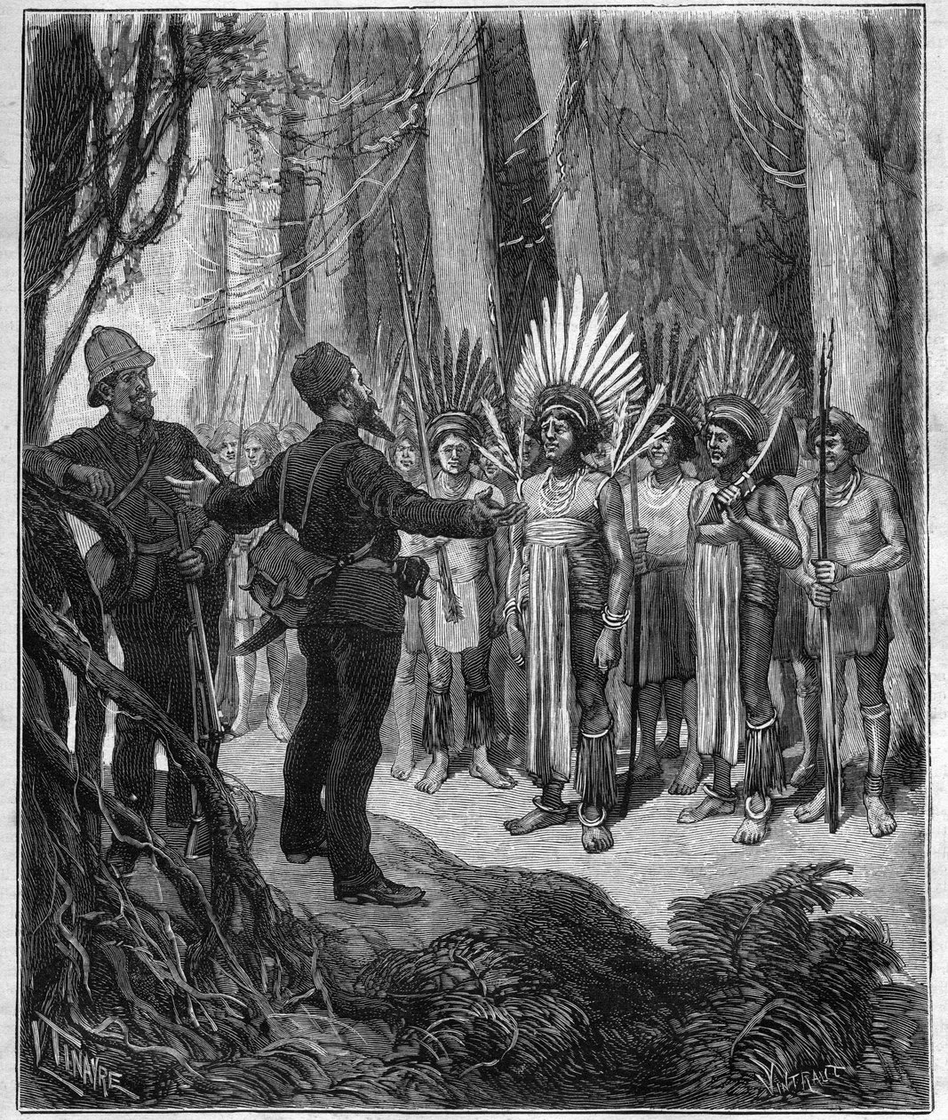 Voyage of Henri Coudreau (1859-1899), professor of geography and explorer in the Indian territory of Guiana - he received from Roucouyan chefs - engraving in “Journal des voyages” of 1889. 作者 匿名匿名