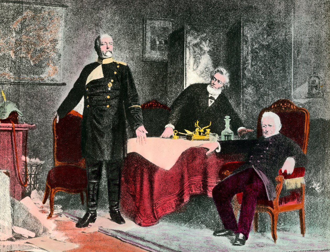 War of 1870: political interview between Chancellor Bismarck (1815-1898), Jules Favre (1809-1880) and Adolphe Thiers (1797-1877). Engraving around 1870. Private Collection 作者 匿名匿名