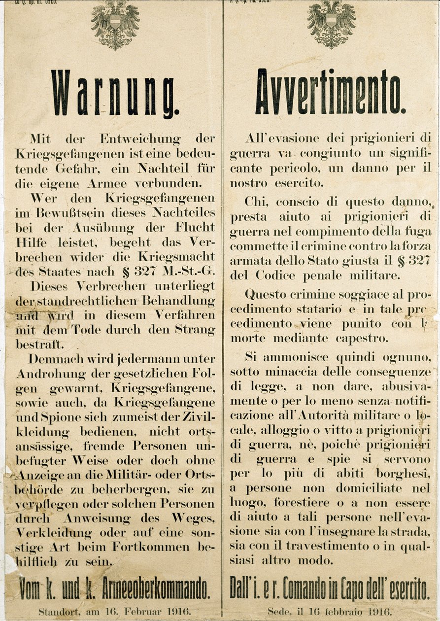1916 年 2 月 16 日意大利战俘越狱后发出警告，要求奥地利民众不要帮助他们（雕刻 作者 匿名匿名