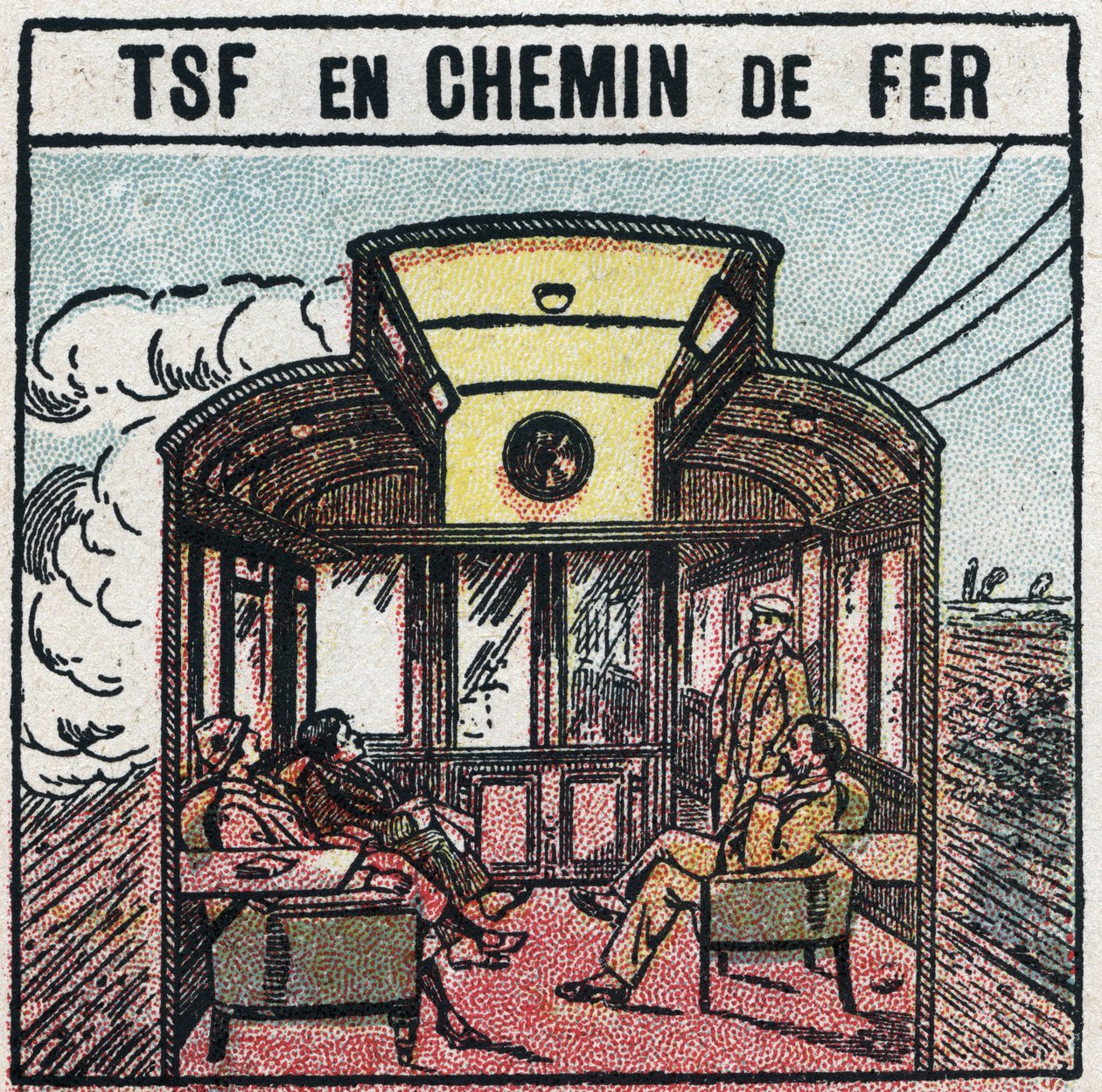 无线电话：T.S.F.在一辆铁路货车上。1925年的匿名插图。私人收藏。 作者 匿名匿名