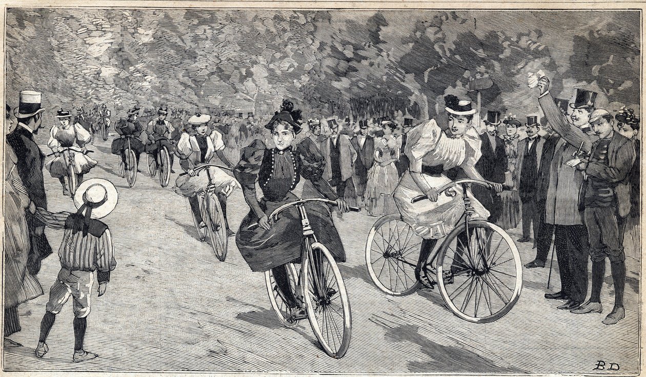 在巴黎附近的布洛涅森林举行的女子自行车赛。1893年6月25日 "小巴黎人 "杂志上的版画。 作者 匿名匿名