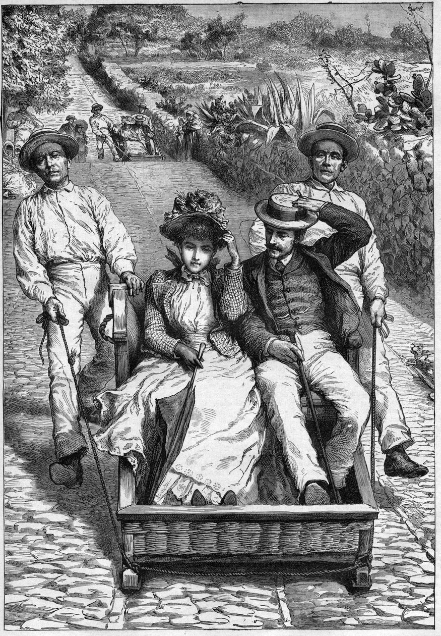 Carros de cesto in Madeira 1893 - Les corinhos (carrieros) a Madere (Madeira) - hommes guiding a seat in two places on roulette (un corinho). Engraving in "Journal des voyages" 1893 作者 匿名匿名