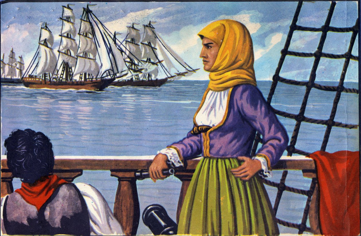 希腊独立时期的女英雄布布利纳（Bouboulina）-拉斯卡利纳（1771-1825）的海报。 作者 匿名匿名