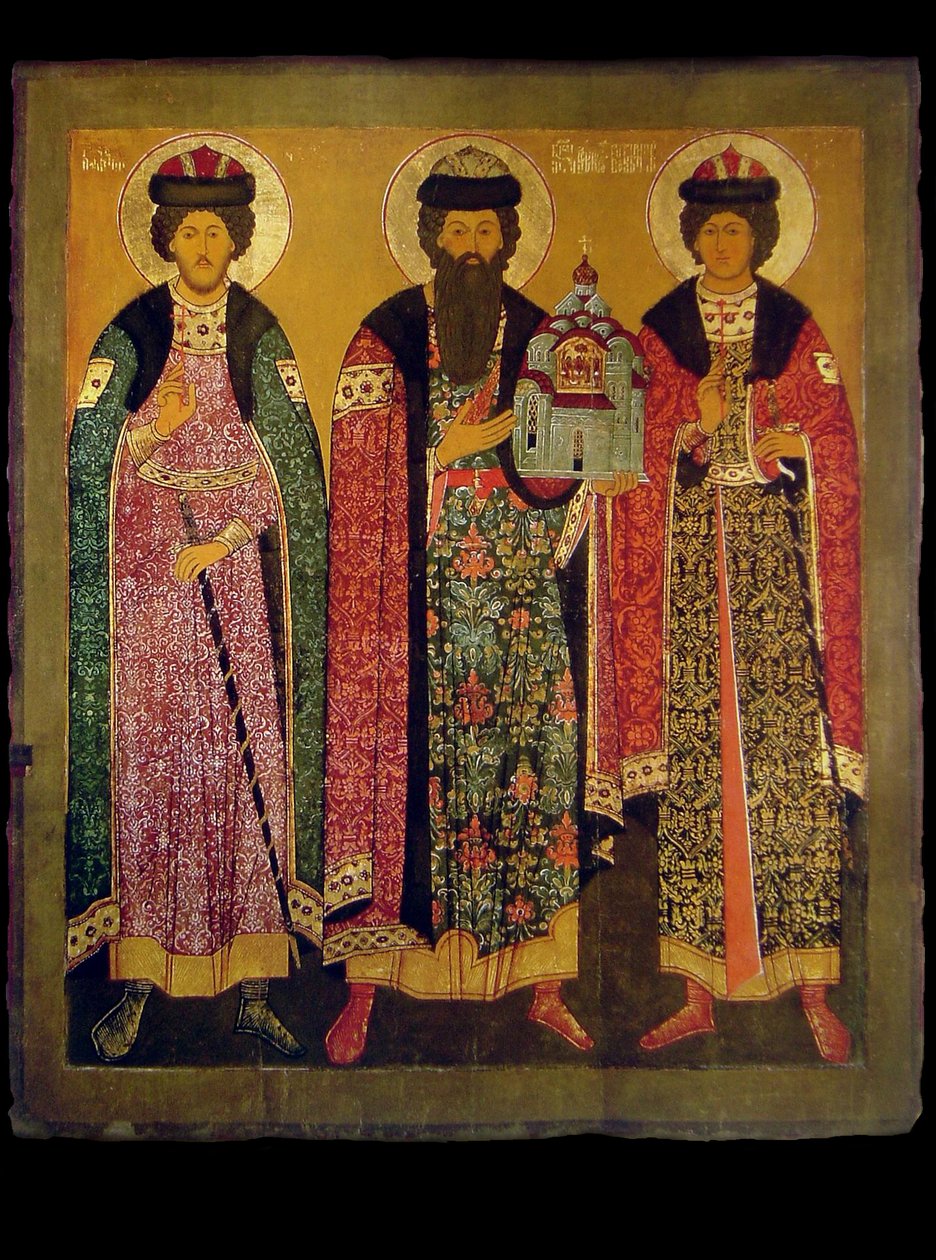 普斯科夫亲王圣维塞沃洛德·姆斯蒂斯拉维奇（Saint Vsevolod Mstislavich）与圣鲍里斯和格列布（Saints Boris and Gleb），17世纪初。 作者 匿名的俄罗斯图标画家