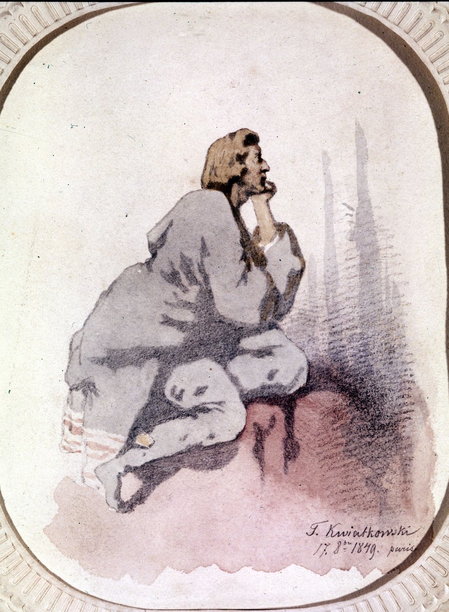 弗雷德里克·肖邦 (1810-1849) 的肖像，波兰作曲家。 Kwiatkowski 的水彩画。 作者 安塔尔（Antar Teofil Kwiatowski）