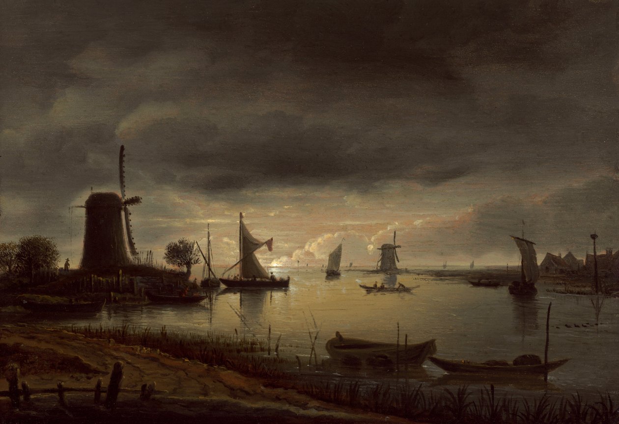 风车和船的河景，晚上 作者 安东尼奥·范·博瑟姆（Anthonie van Borssom）