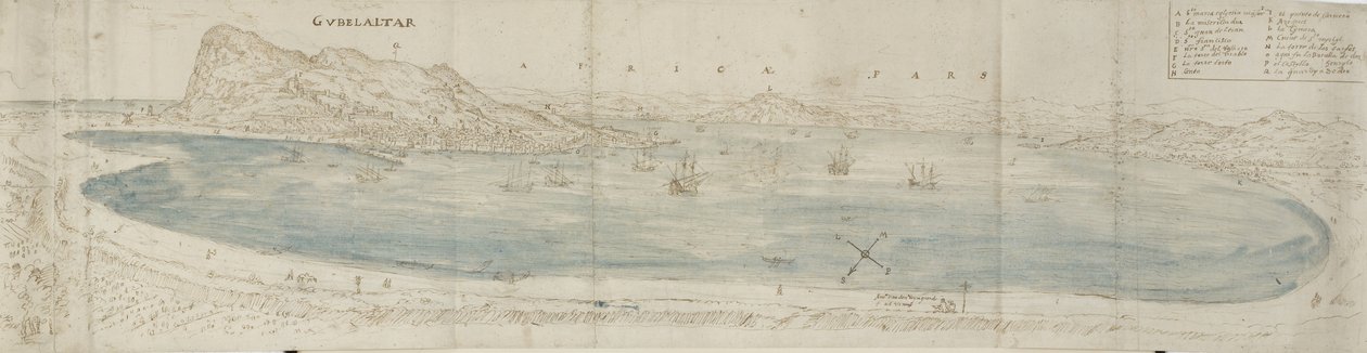 在直布罗陀湾俯瞰城镇和非洲海岸以外的全景（笔和棕色墨水与蓝色洗黑色粉笔） 作者 安东尼·范·登·温加德