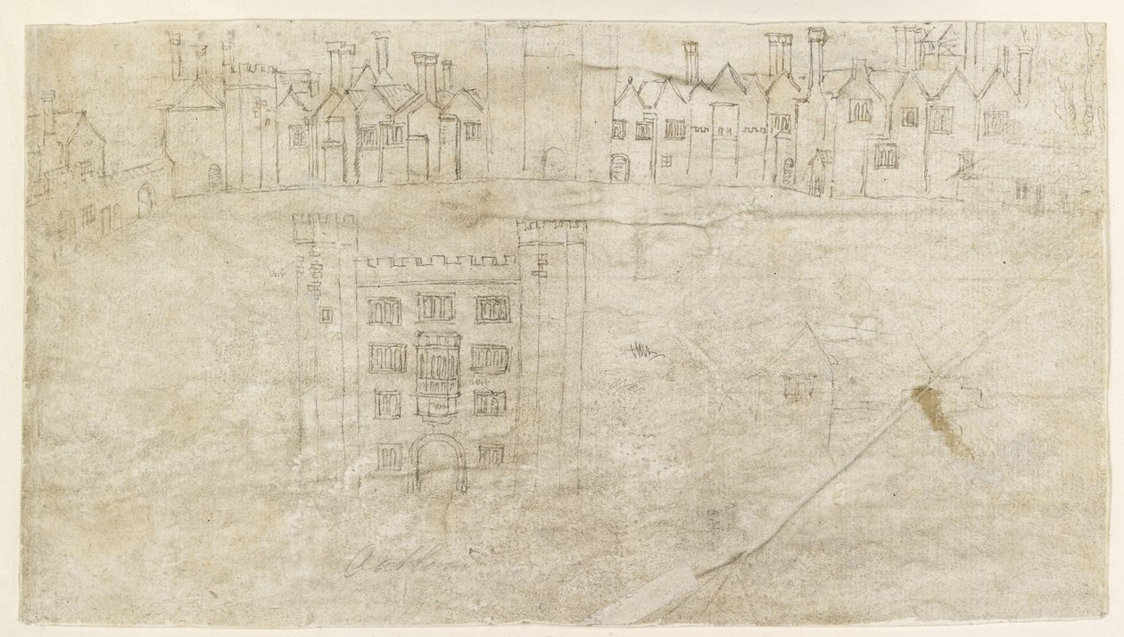 Recto：Oatlands Palace南面的建筑物（笔和棕色墨水在黑色粉笔的微弱迹象上） 作者 安东尼·范·登·温加德
