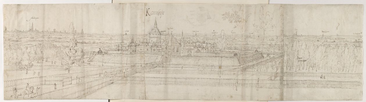 安特卫普附近的Cantecroy宫殿和周围的乡村，1557-58（笔和棕色墨水在黑色粉笔）的视图 作者 安东尼·范·登·温加德