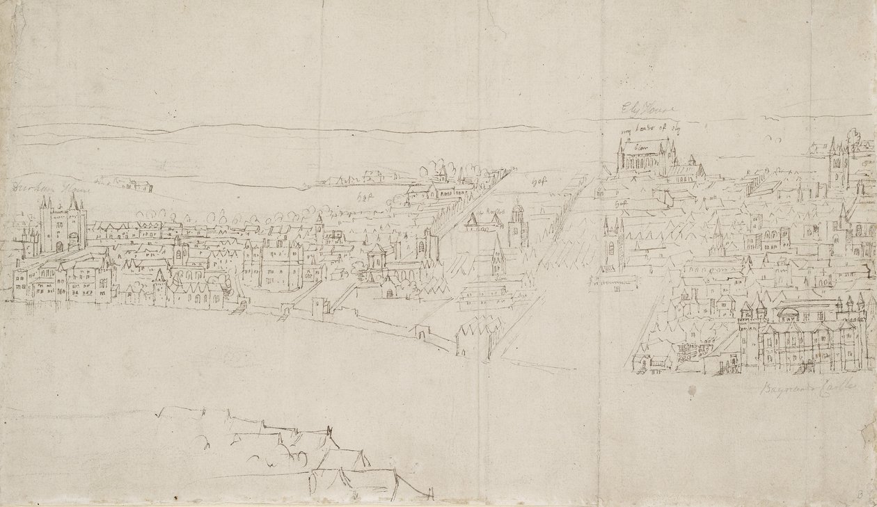 从Southwark看伦敦的全景：Durham House到Barnards Castle（笔和墨水在黑色粉笔在纸上） 作者 安东尼·范·登·温加德