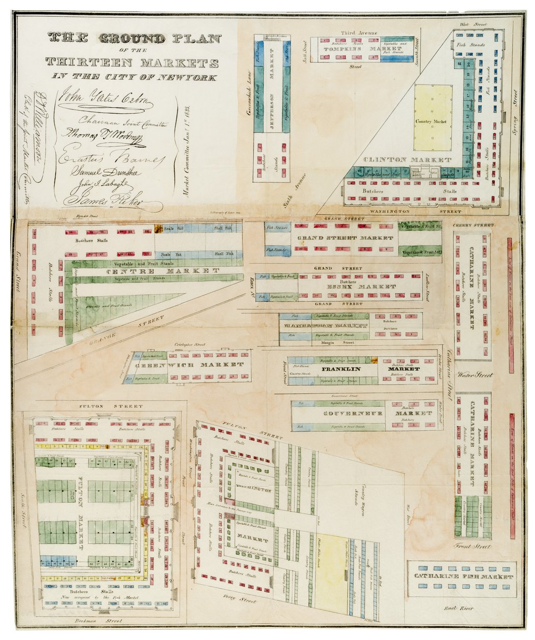 1833年纽约市十三个市场的平面图（黑色墨水，彩色水洗，纸上） 作者 安东尼·伊姆伯特