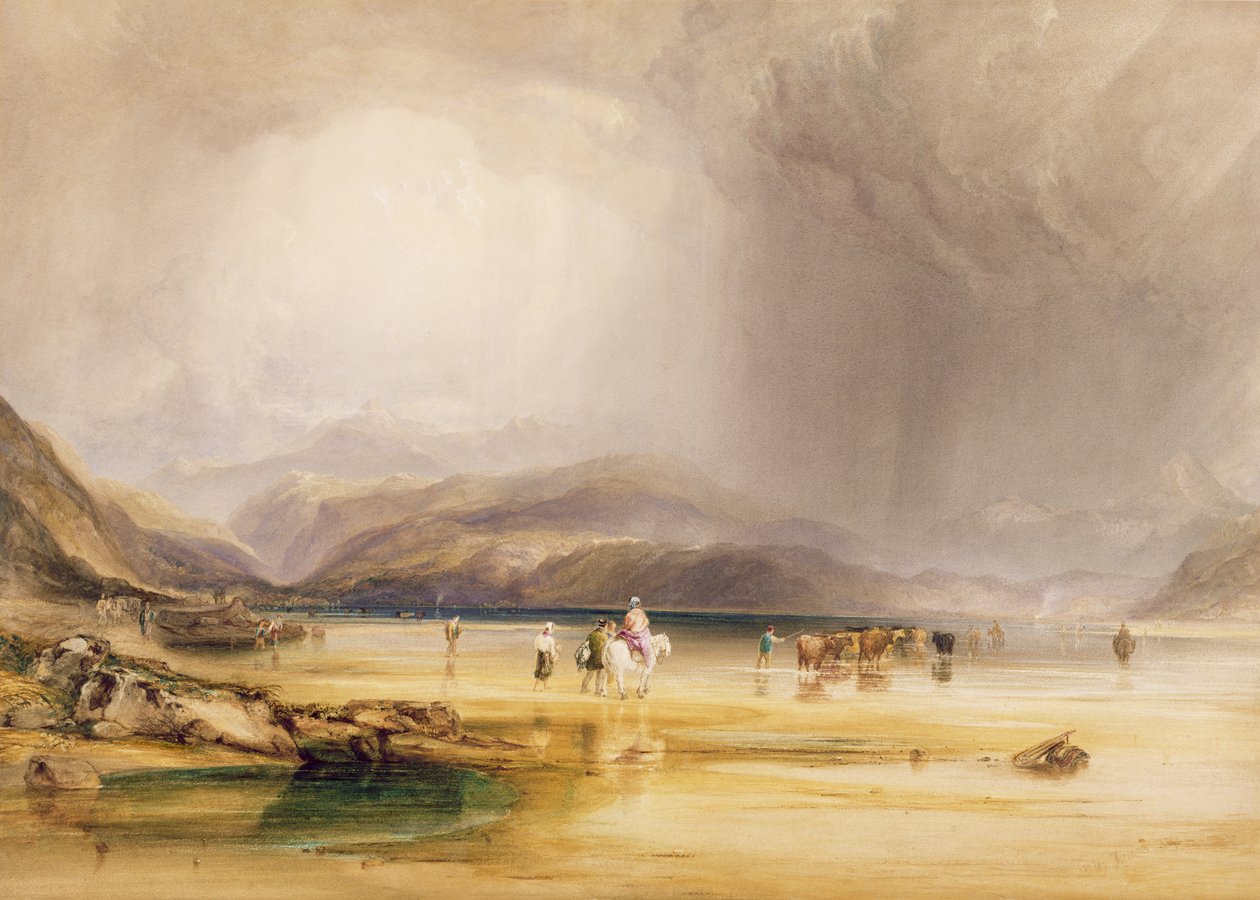 查看来自Trades Mawe的Sands的Snowdon，1834年在Pont Aberglaslyn和Tremadoc之间的福特拍摄（纸上的石墨上的水粉和水粉） 作者 安东尼·范迪克·科普利·菲尔丁