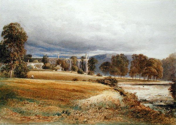 从沃夫河上看博尔顿修道院，南景，约 1825 年（纸面水彩画） 作者 安东尼·范迪克·科普利·菲尔丁