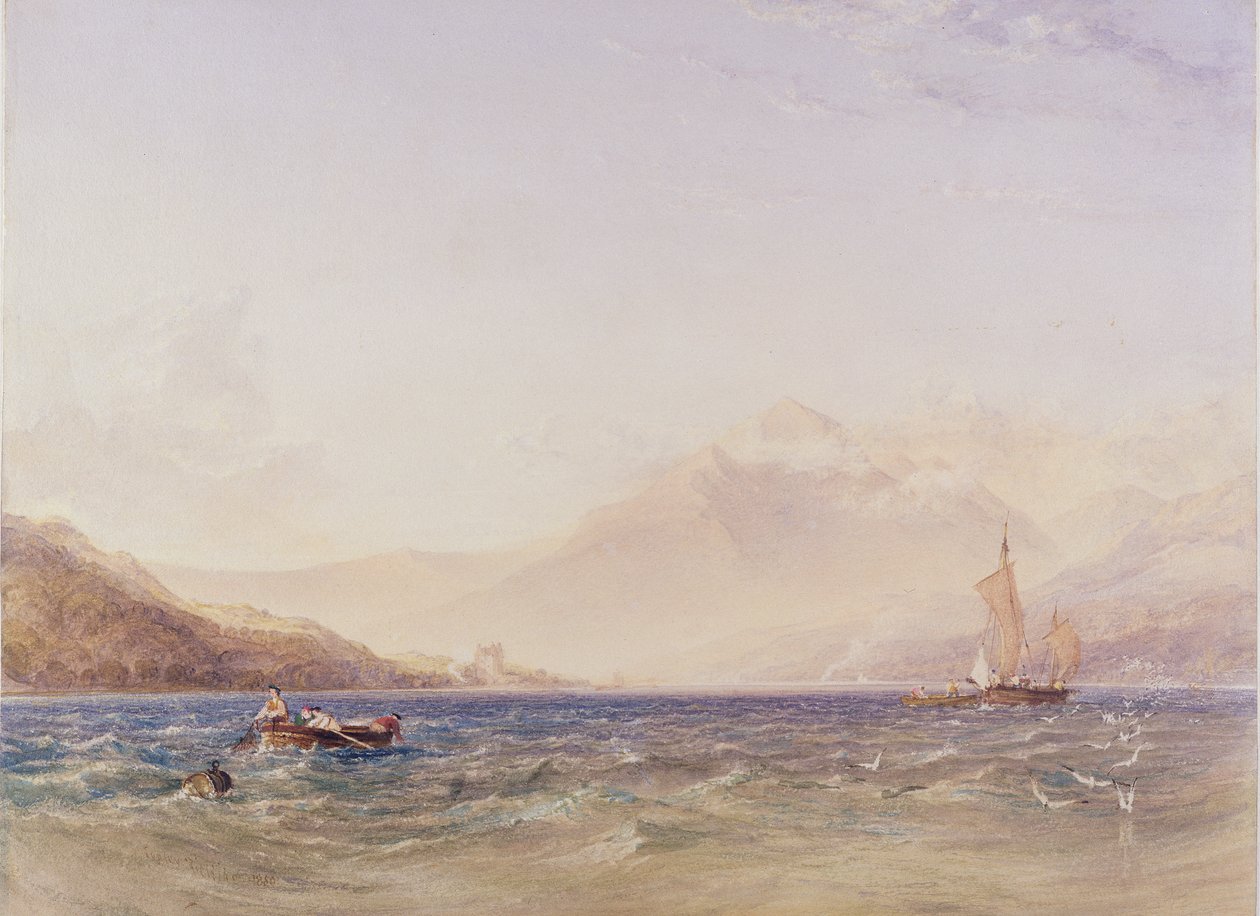 Loch Fyne的负责人，与Dindarra城堡，1850年（wc，纸张上的石墨上的体色） 作者 安东尼·范迪克·科普利·菲尔丁
