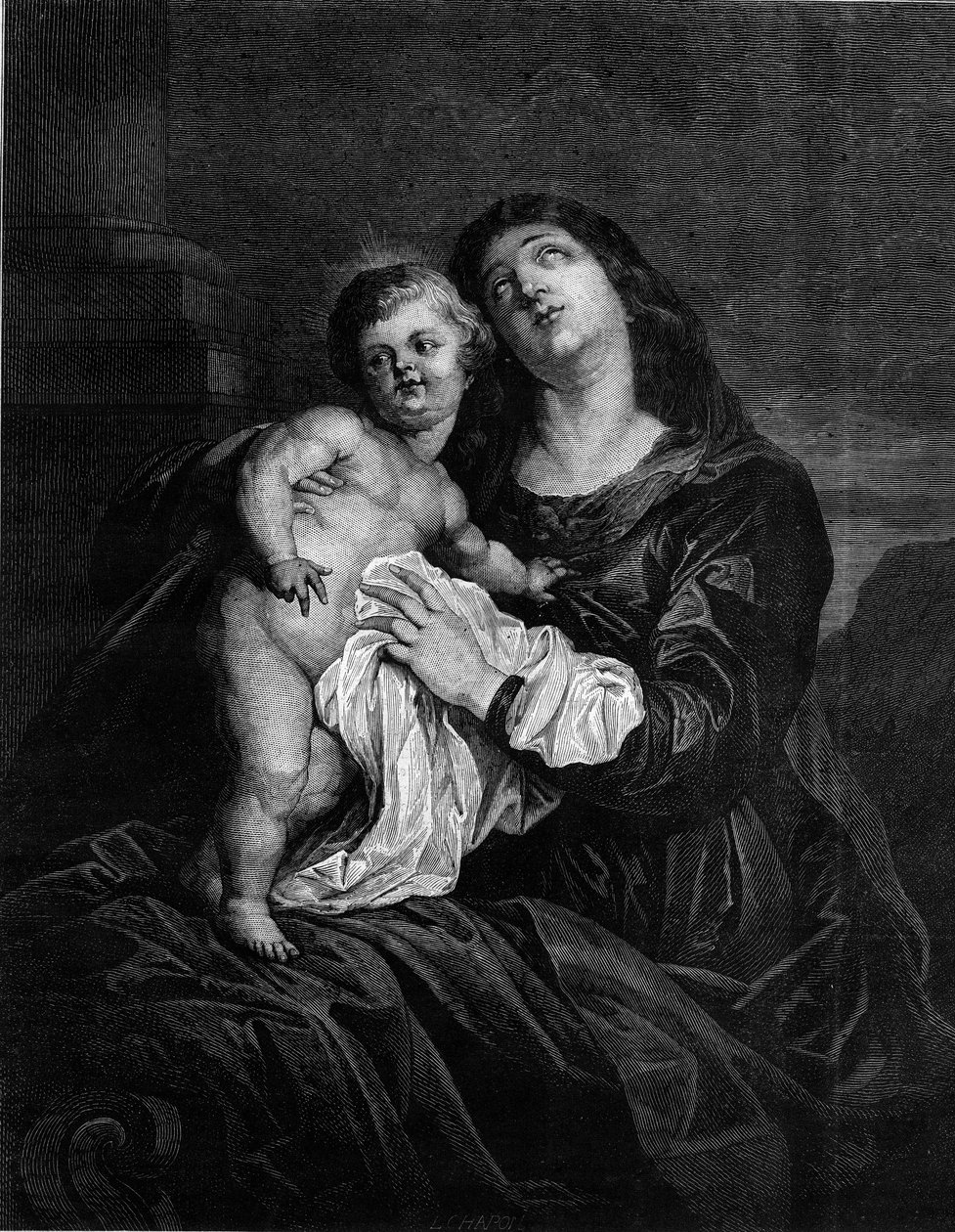 圣母和儿童耶稣。根据安东（Antoon或Anthony）-凡-戴克（1599-1641）的画作绘制的版画。雕刻于1880年12月25日的《世界画报》第1239期。 作者 安东尼·范（继）戴克