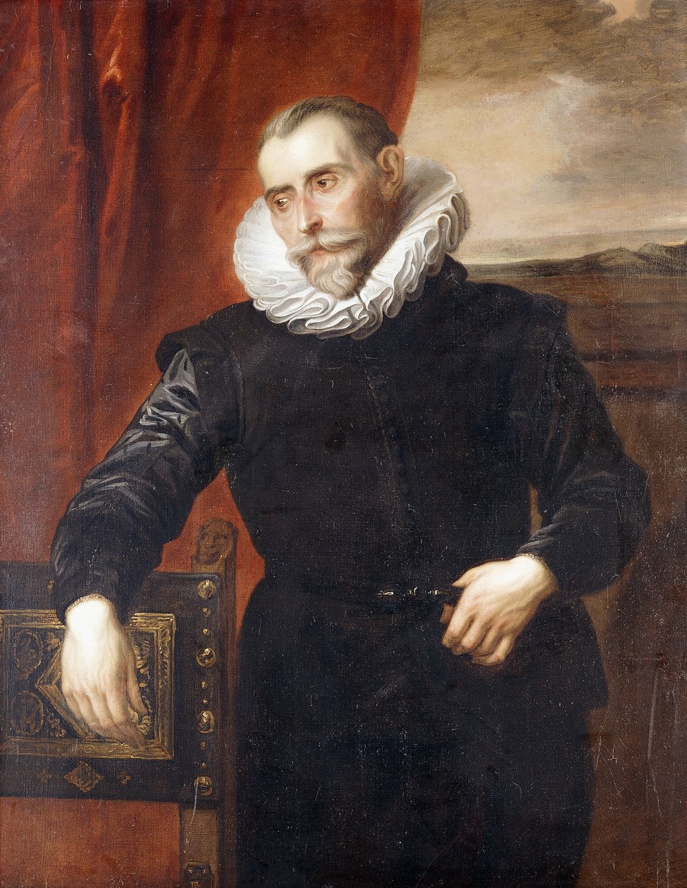 Frans Snyders的肖像，半身，穿着黑色服装，靠在椅子上，远处的风景， 作者 安东尼·范·戴克