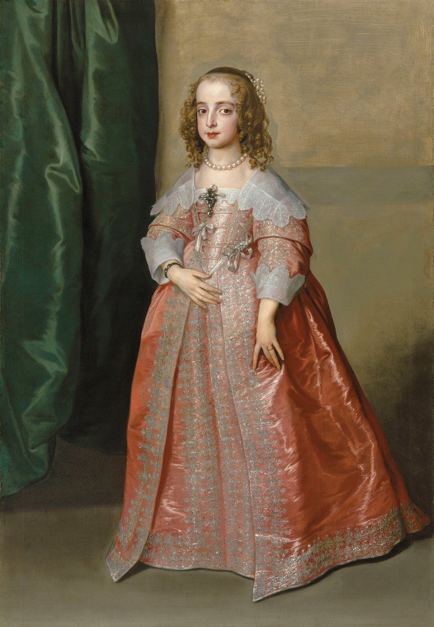 英国国王查理一世之女玛丽公主（1631-1660 年）的全身肖像，身着饰有银色刺绣和丝带的粉色连衣裙 作者 安东尼·范·戴克