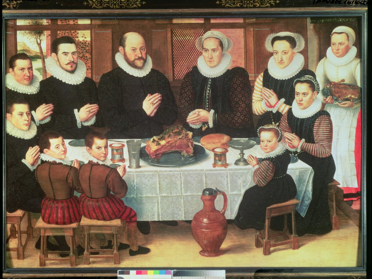 一个家庭在吃饭前说恩典，1585年 作者 Anthuenis Claeissins或Claeissens