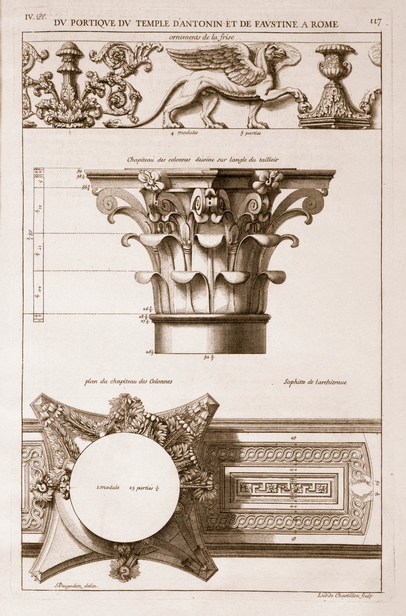 安东尼努斯神庙和福斯蒂娜神庙，门廊的细节，来自&39;Les Edifices Antiques de Rome&39;，1682年出版 作者 安托万·巴比（Antoine Babuty）