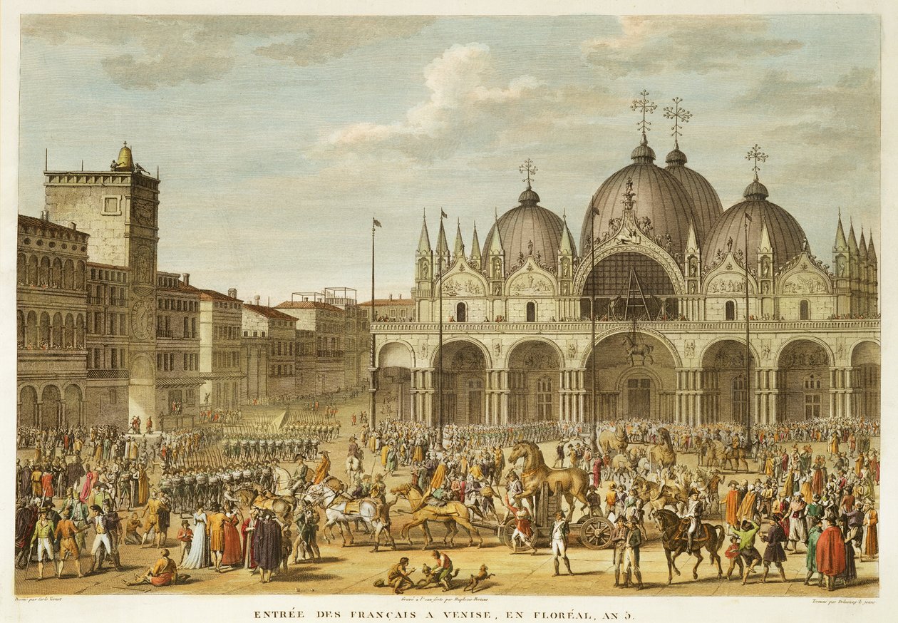 由Jean Duplessi-Bertaux（1747-1819）（aquatint）雕刻的法国入境威尼斯和圣马可马的盗窃，在Floreal，5年级（1797年5月） 作者 安东尼·查尔斯·贺拉斯·韦尔内